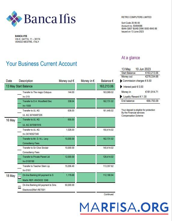 Printable Banca IFIS business checking account statement Word and PDF template